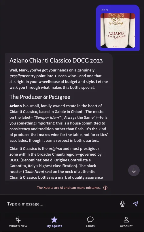 A chat in the app: the user sends a photo of a wine label and the Xpert replies with a detailed, formatted answer, followed by the line that Xperts are AI and can make mistakes